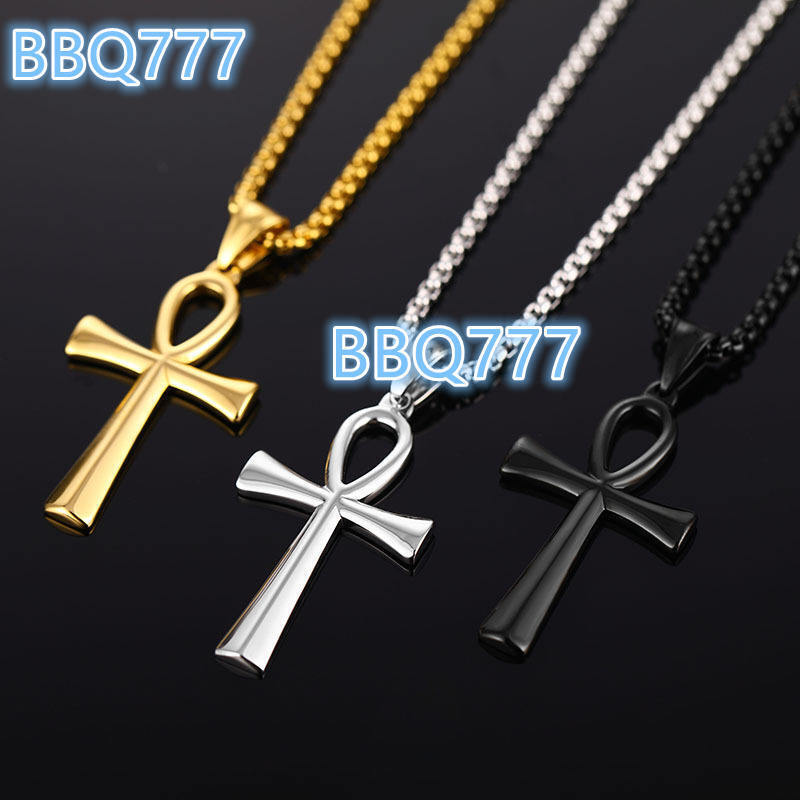 Fashion Jewelry Simple Ancient Egypt Cross Smooth Stainless Steel Gold Plated Pendant Necklaces Women Men