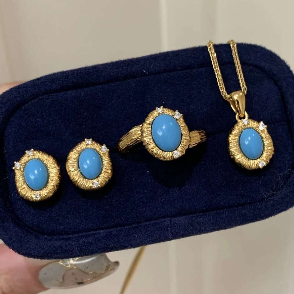 INS Luxury jewelry designer necklace bracelet earring set vintage style handmade brushed blue pine necklace high-end luxury ring temperament earring P