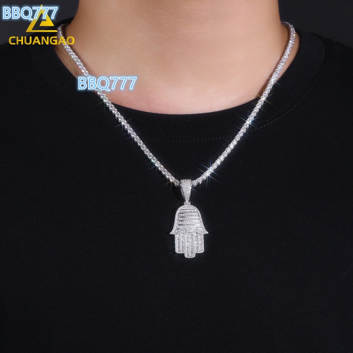 9k 14k 18k White Gold Plated Tapered Baguette Cut Lab Grown Diamond Necklace for Wedding or Party by Palm Fashion Necklaces