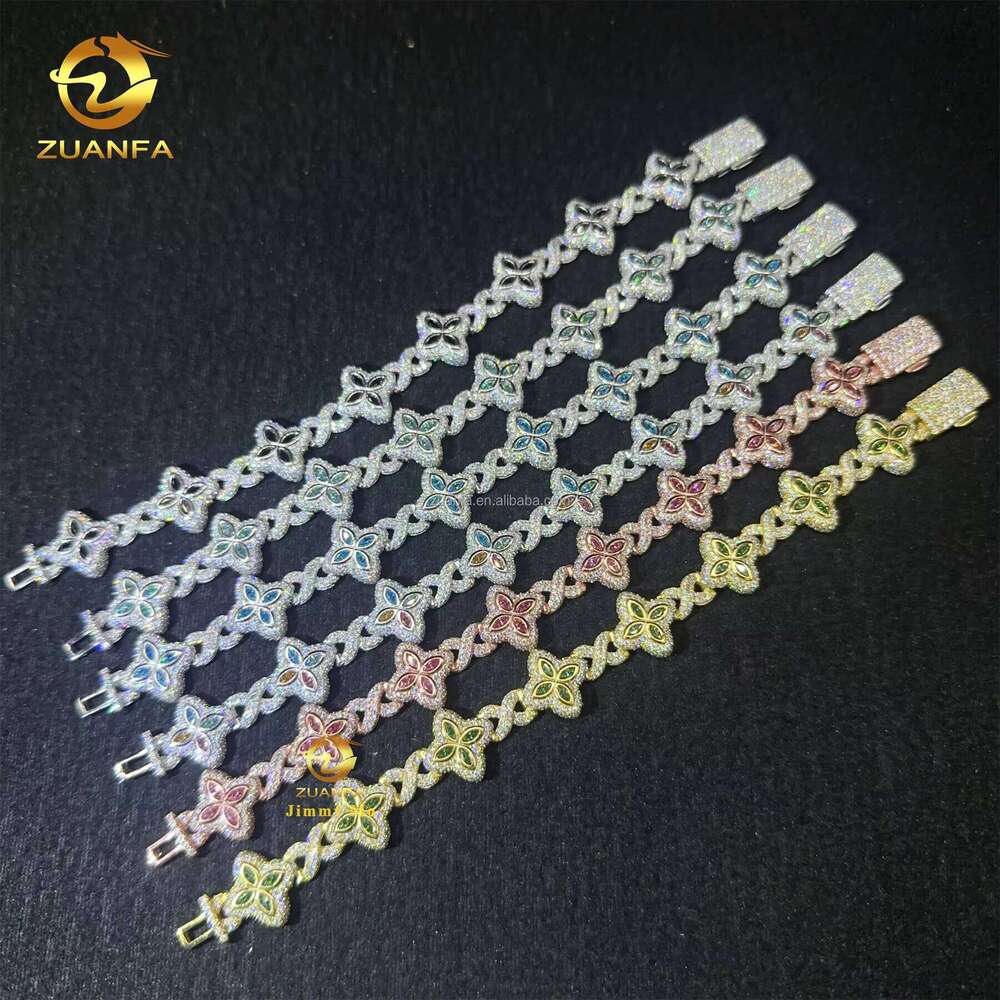 Bulk Stock New 15mm Marquise Flower Design Hip Hop Jewelry Iced Out Moissanite Dia Infinity Cuban Link Bracelet for Men