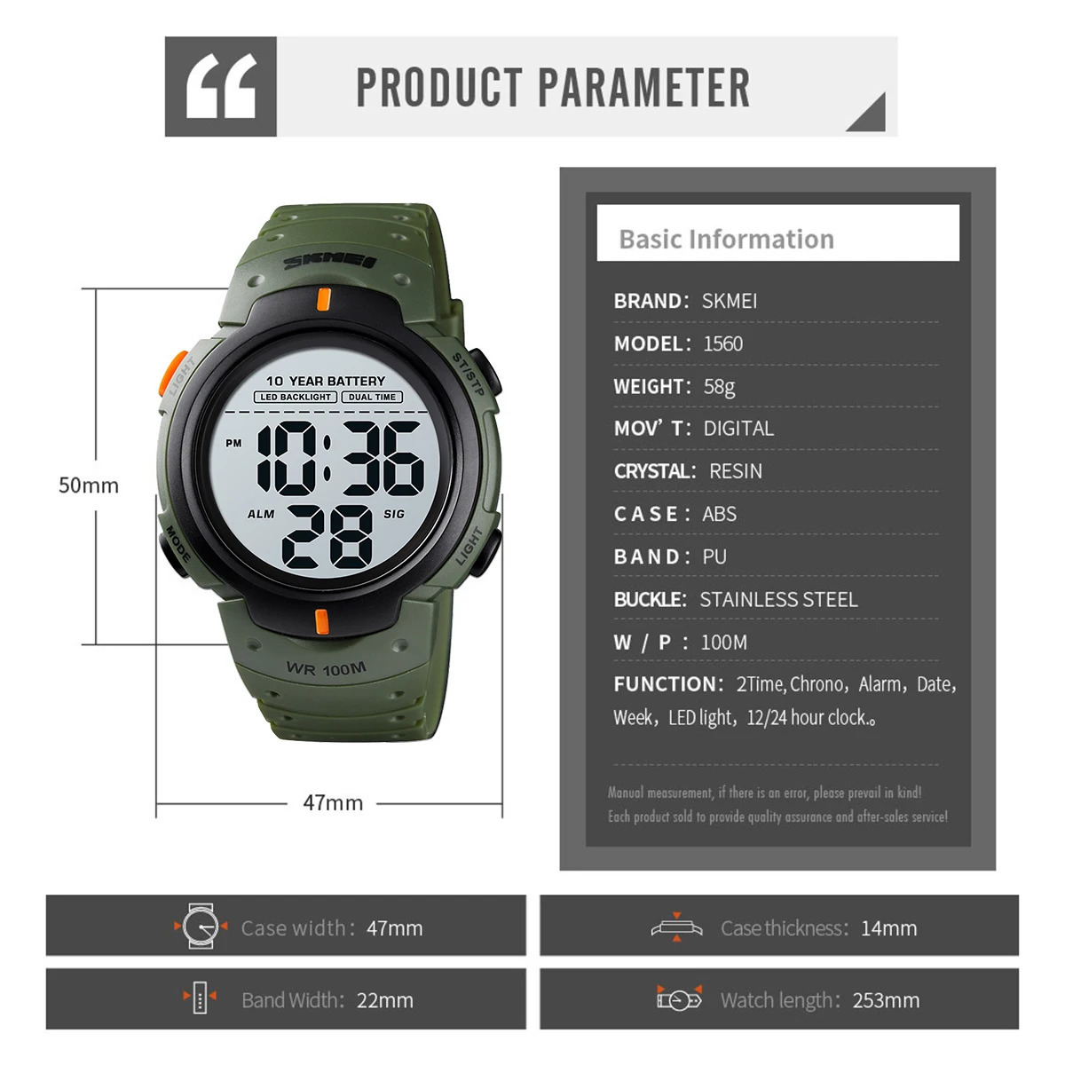 100M Waterproof Digital Wrist Watch for Men with 10-Year Battery Alarm Clock Reloj Hombre 250724