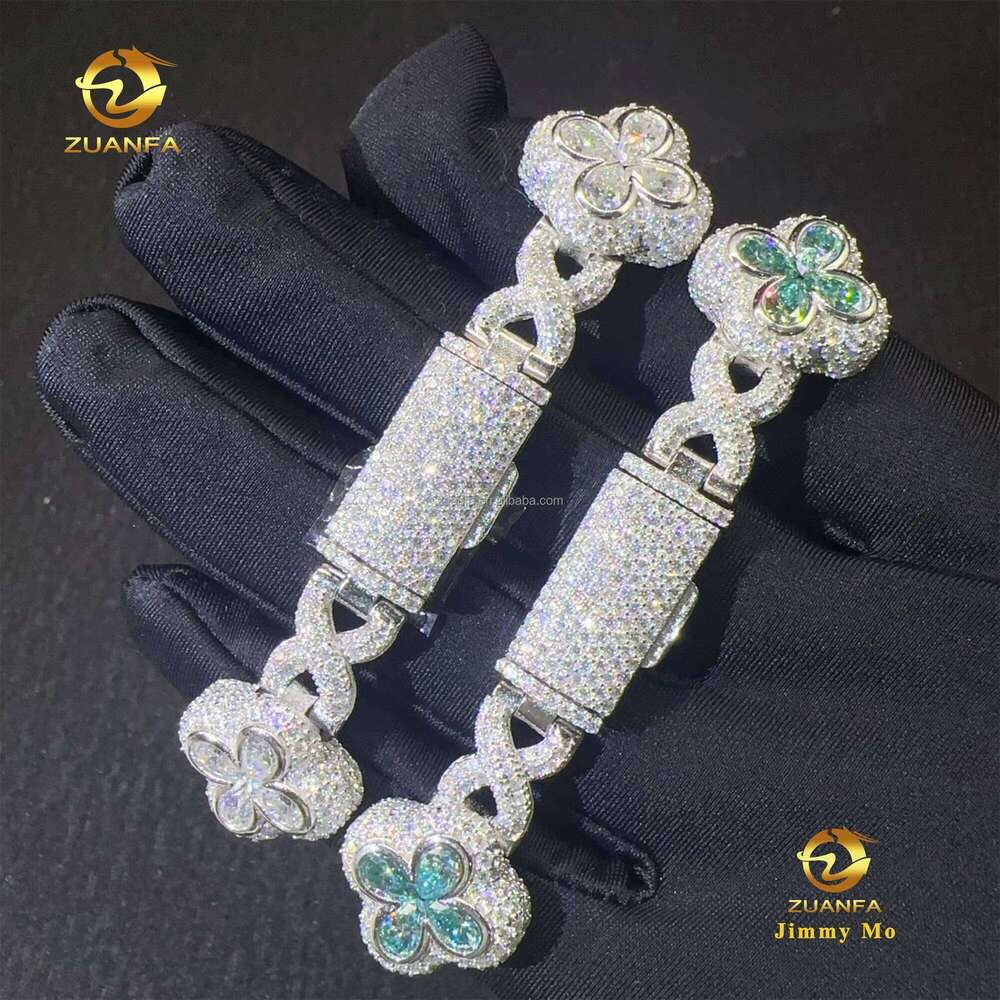 New Arrivals Popular 18mm Pear Flower Design Hip Hop Jewelry Iced Out Blue Green Moissanite Infinity Cuban Link Bracelet for Men