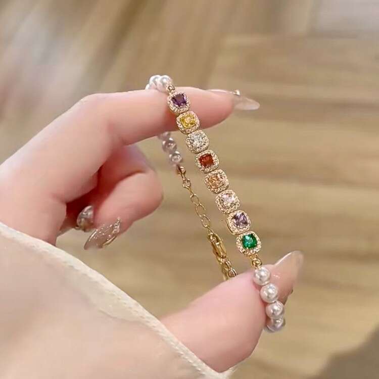 INS Luxury Jewelry Designer Bracelet For Women Colorful Square Diamond Splicing Pearl Bracelet Advanced shiny dopamine non fade Pearl Chain Full Diamo