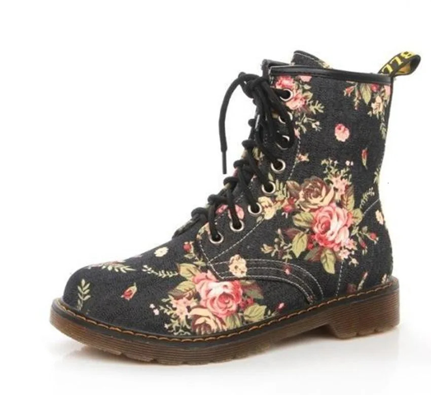 Round Toe Woman Flat Boots Boots-Women Lace Up Shoes Low 2025 Fashion Ankle Cowboy Rock Riding Fabric Floral Ret 250723