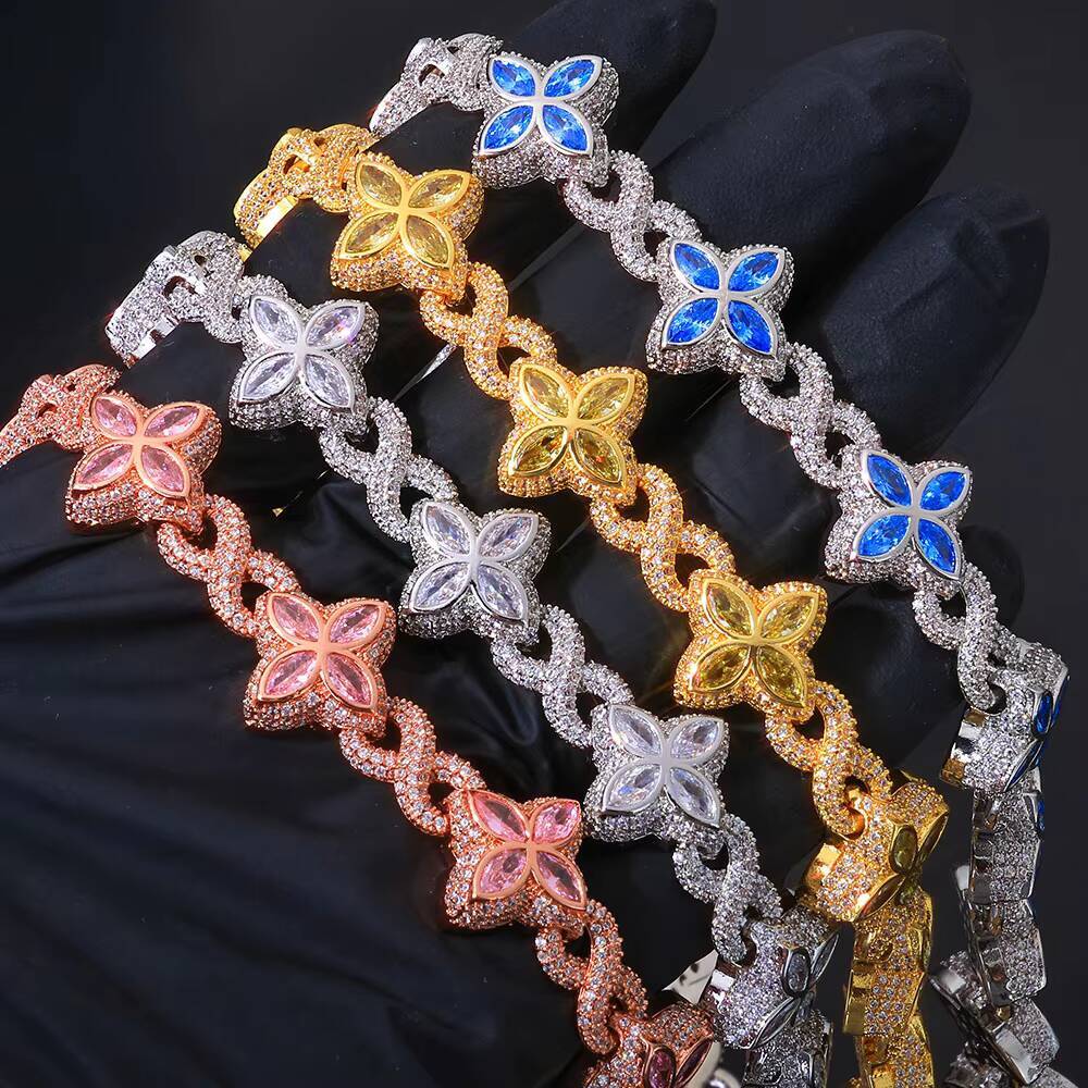 8mm Hip Hop Bracelet Gold Plated Brass Iced Diamond Flower Clover Infinity Miami Cuban Link Fine Jewelry