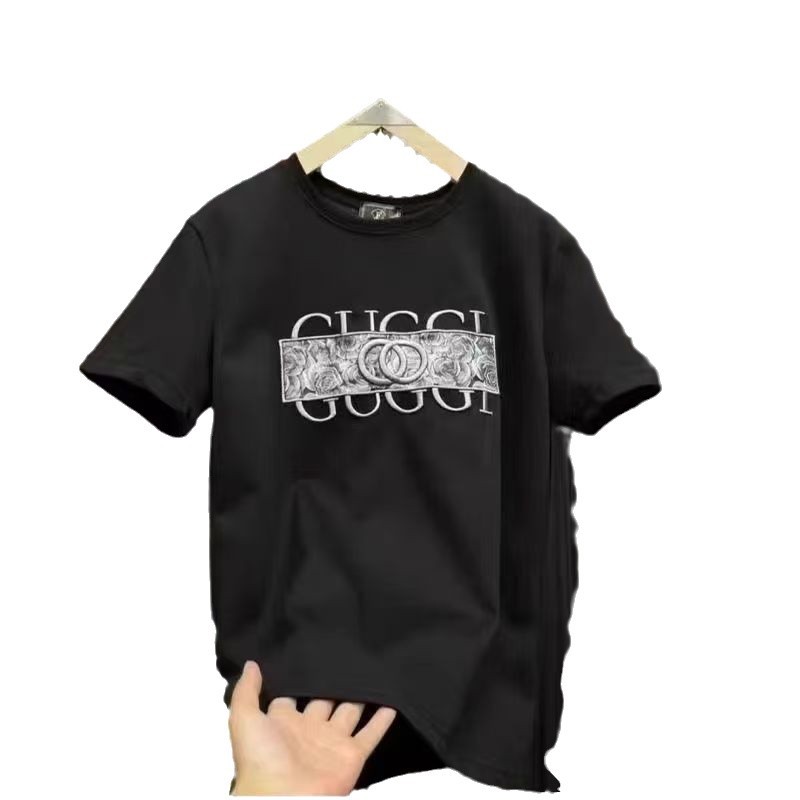 Teen Boys Heavyweight Cotton Men's Embroidered Tee - 2025 Summer Crew Neck Streetwear Top