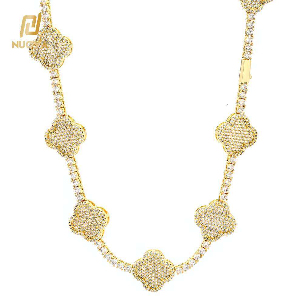 NUOYA High Quality 3.5MM Sier Plated Tennis Necklace Iced Out moissanite Dia Flower Shaped Design Chain Hip Hop Jewelry