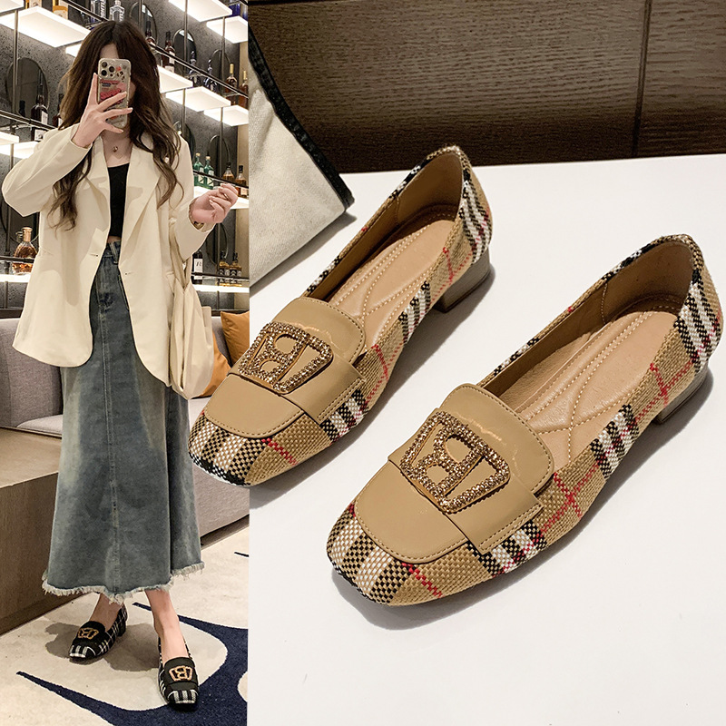Elegant and versatile women's checkered color blocked high heels 2025 new arrivals fashionable and versatile metal buckle thick heel women's
