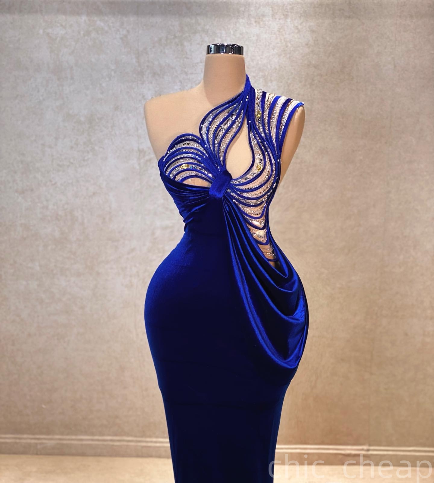 Royal Blue Sheath Evening Dresses One Shoulder Beaded Crystals Velvet Prom Formal Party Second Birthday Engagement Gowns Plus Size Dress For Special O