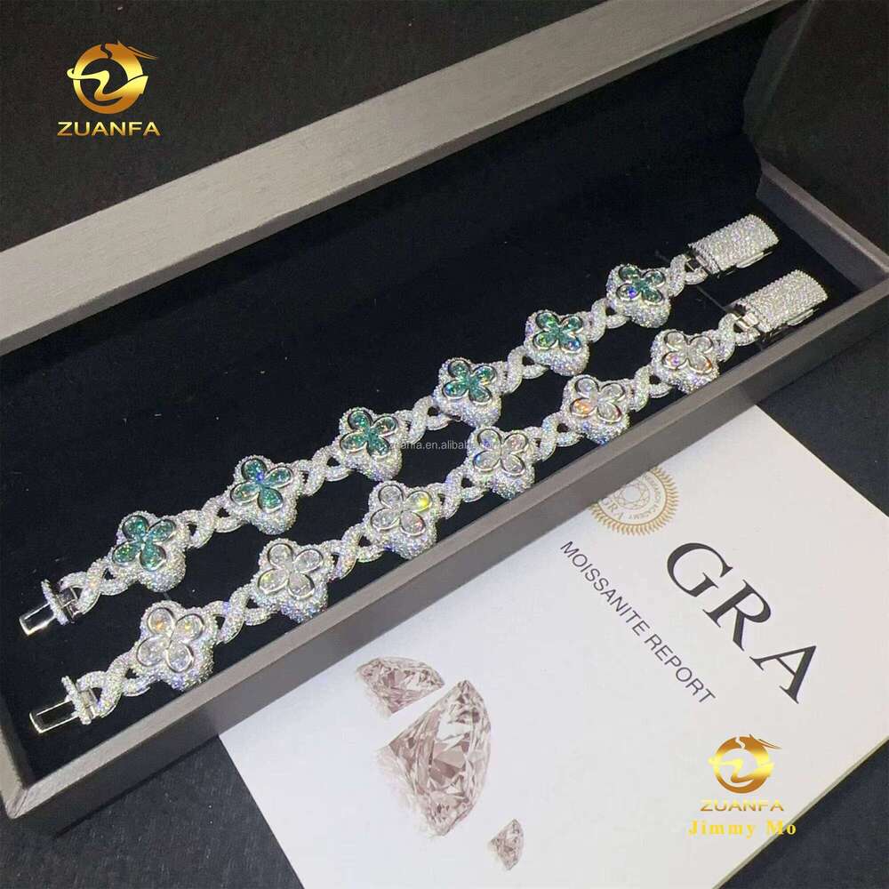 New Arrivals Popular 18mm Pear Flower Design Hip Hop Jewelry Iced Out Blue Green Moissanite Infinity Cuban Link Bracelet for Men