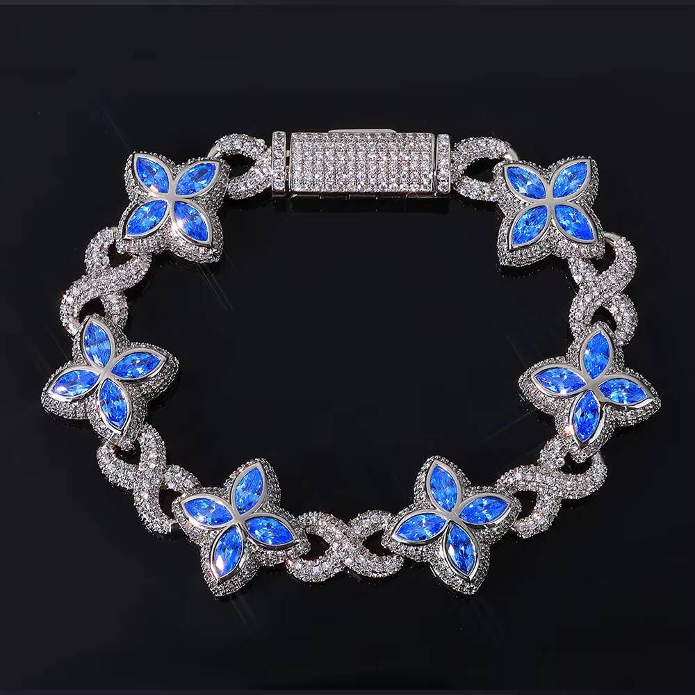8mm Hip Hop Bracelet Gold Plated Brass Iced Diamond Flower Clover Infinity Miami Cuban Link Fine Jewelry