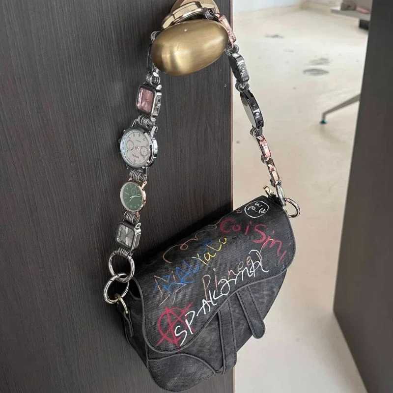Designer Saddle Bag Women 2025 New In Fashion Chic Metal Watch Strap Shoulder Bag Trend Graffiti Novelty Female Bags Z250726