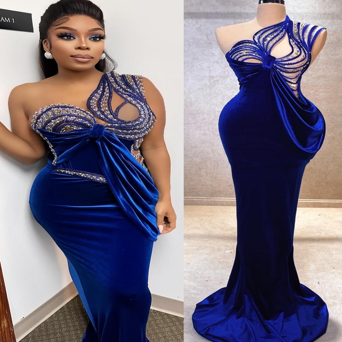 Royal Blue Sheath Evening Dresses One Shoulder Beaded Crystals Velvet Prom Formal Party Second Birthday Engagement Gowns Plus Size Dress For Special O