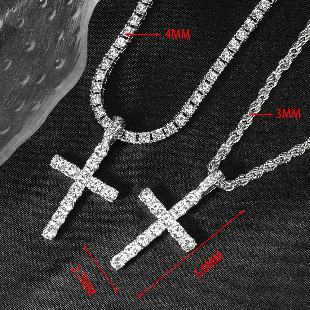 Hip Hop Cross Pendant Necklace Strap 4mm Zircon Tennis Chain Iced Out Sparkling Necklace Men Women Punk Jewelry Fashion Gift 250722