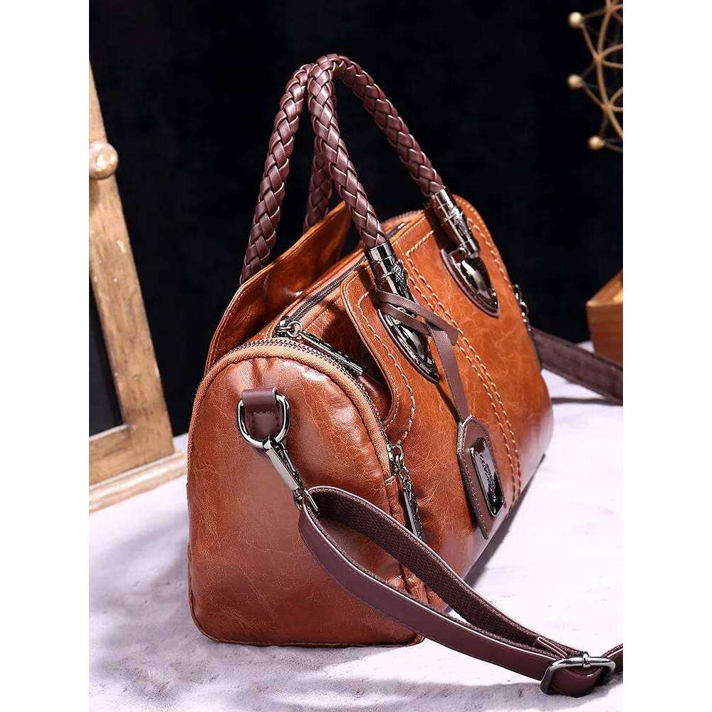 autumn/winter vintage European and American style contrasting woven handbag crossbody multi compartment Boston women's bags