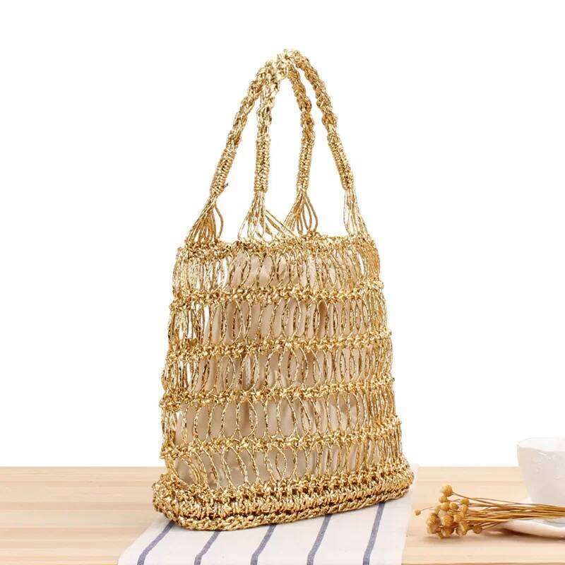 New gold and sier thread hollowed out hand hook woven for trendy women's vacation beach portable straw bag