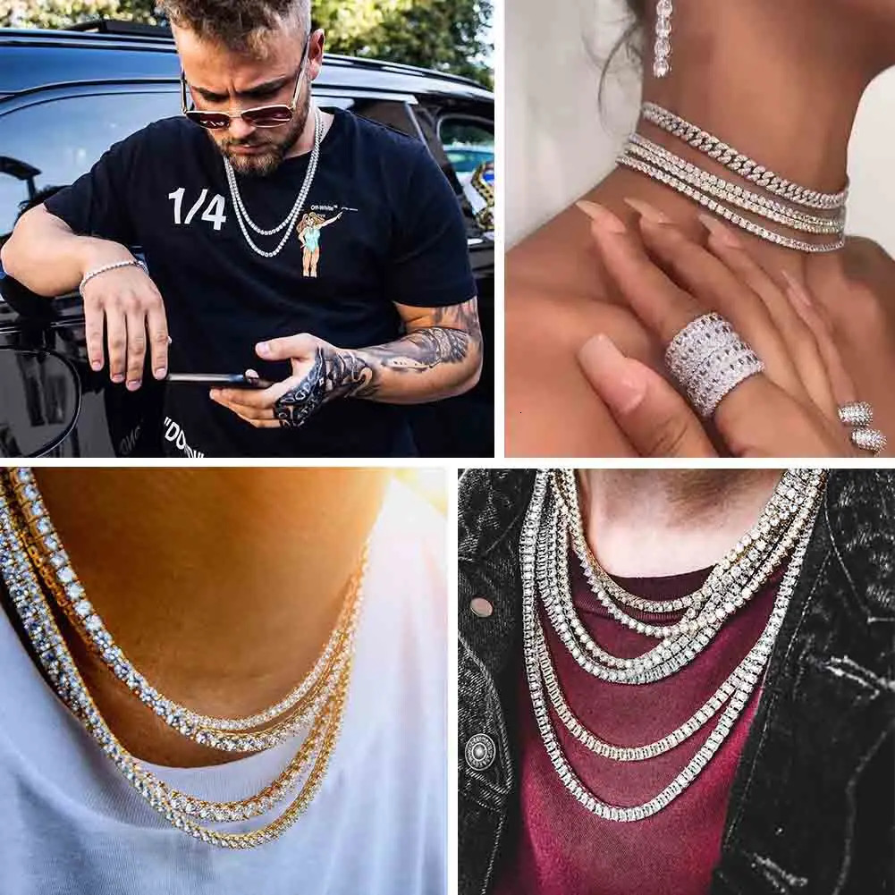 TOPGRILLZ 3mm-10mm Iced Out Bling Zircon 1 Row Tennis Chain Necklace Men Hip Hop Jewelry Gold Silver Color Charms 250722