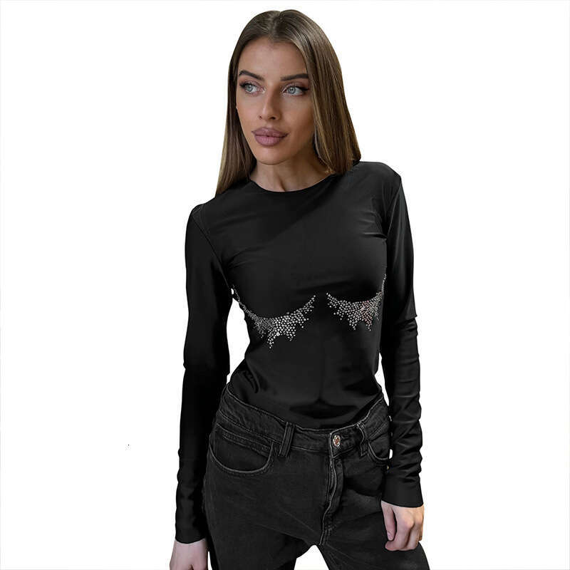 Ytp248 Women's Summer And Autumn New Solid Color Rhinestone Sexy Long Sleeve T-Shirt Top For Women B5
