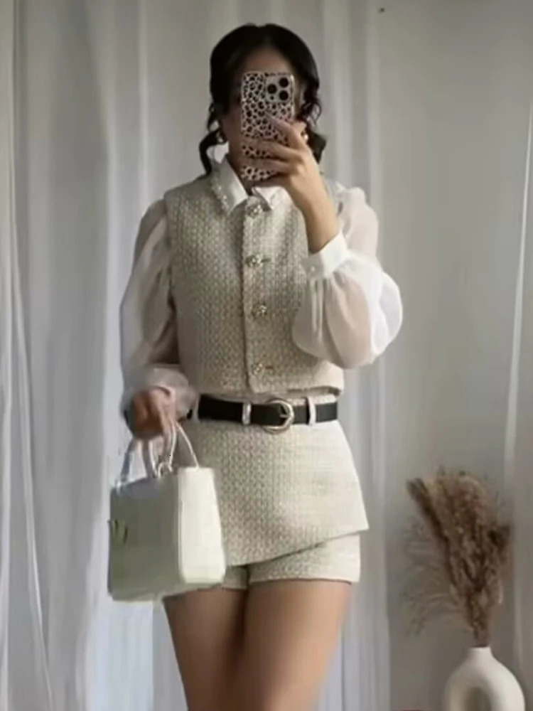 Fashion Women Elegant Tweed Belt Shorts Suits High Waist Vest Two Piece Set for Female Vintage Outfits 250728