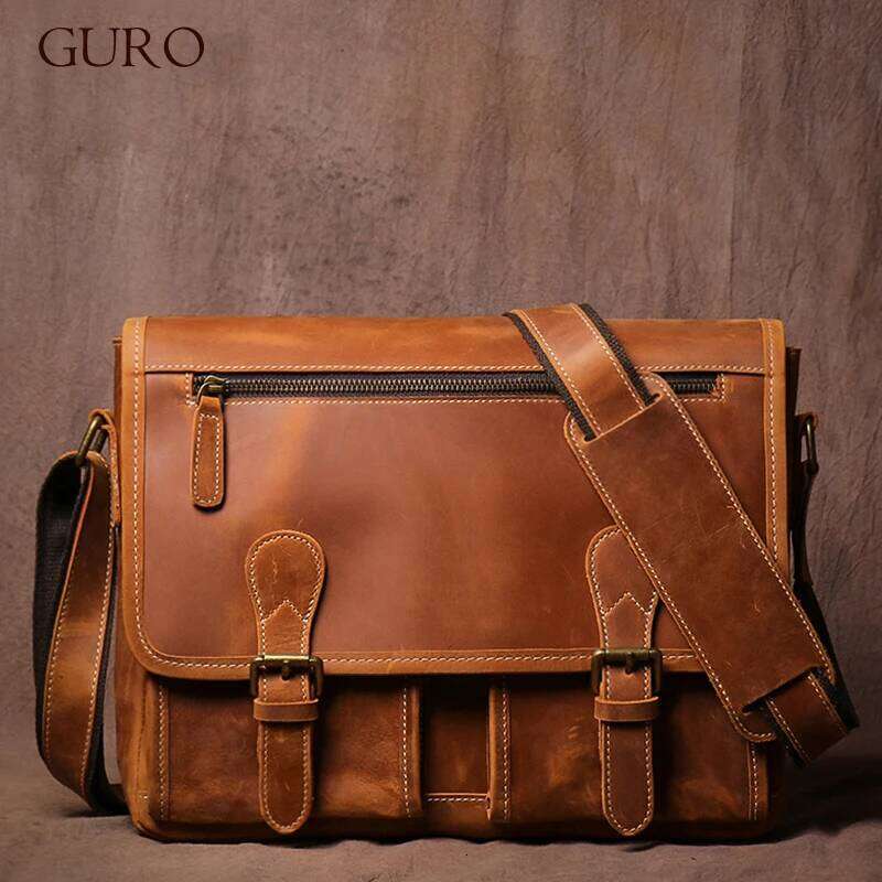 GURO Vintage Crazy Horse Leather Messenger Men's Genuine Sling Shoulder Bag Office Briefcase Crossbody 12.9 Inch Ipad