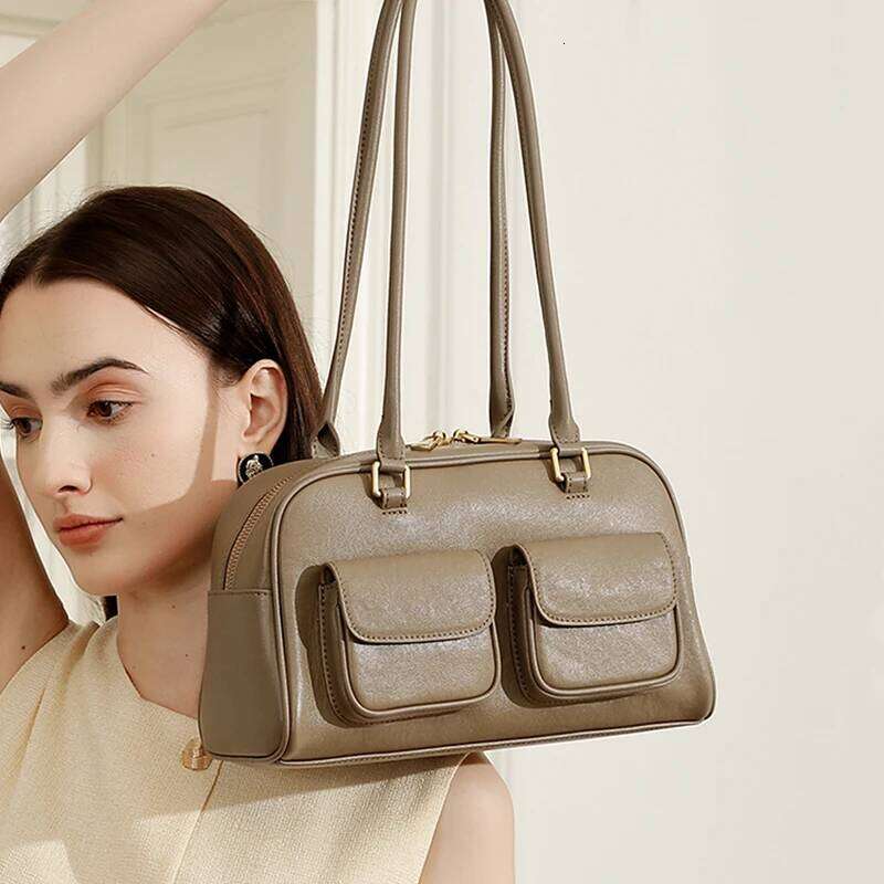 Burminsa Cowhide Genuine Leather Underarm Shoulder Bags For Women 2025 Designer Korean Bowling Tote Work Ladies Handbags