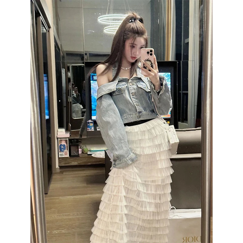 Y2K Cropped Denim Jackets Women Vintage Slash Neck Jeans Coat Streetwear Sexy Halter Long Sleeve Casual n Outerwear Tops 250728