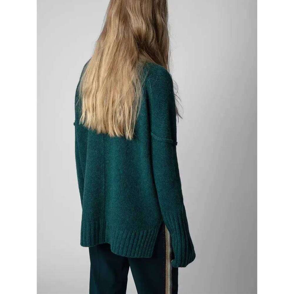 100% Wool Women Letter Print Long Sleeve Cuffs Slit Jumper Sweater Spring New