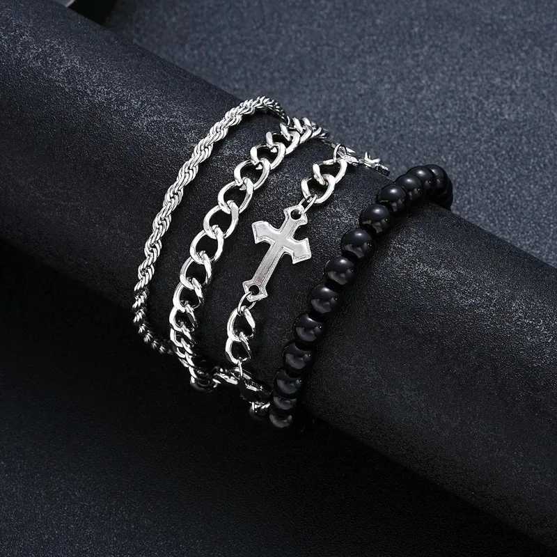 4 Pcs Stainless Steel Bracelet Set For Men Women Punk Fashion Cross Beads Chain Bracelets Simple Hip Hop Unisex Jewelry Gift New W250728