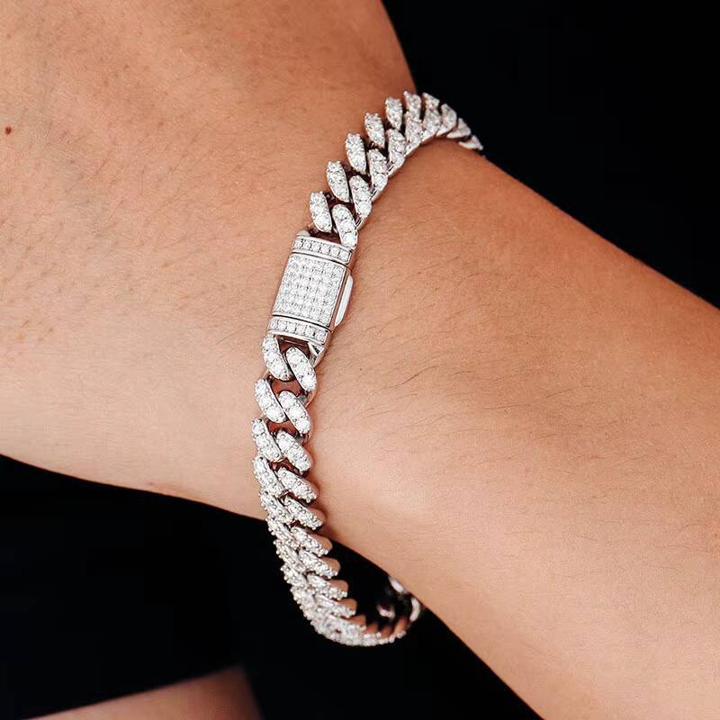 Hip-hop 18k Gold 6mm 8mm Thick 8-26 Inches Cuban Link Set with Morganite 925 Silver Mens Stone Cuban Chain Bracelet GRA