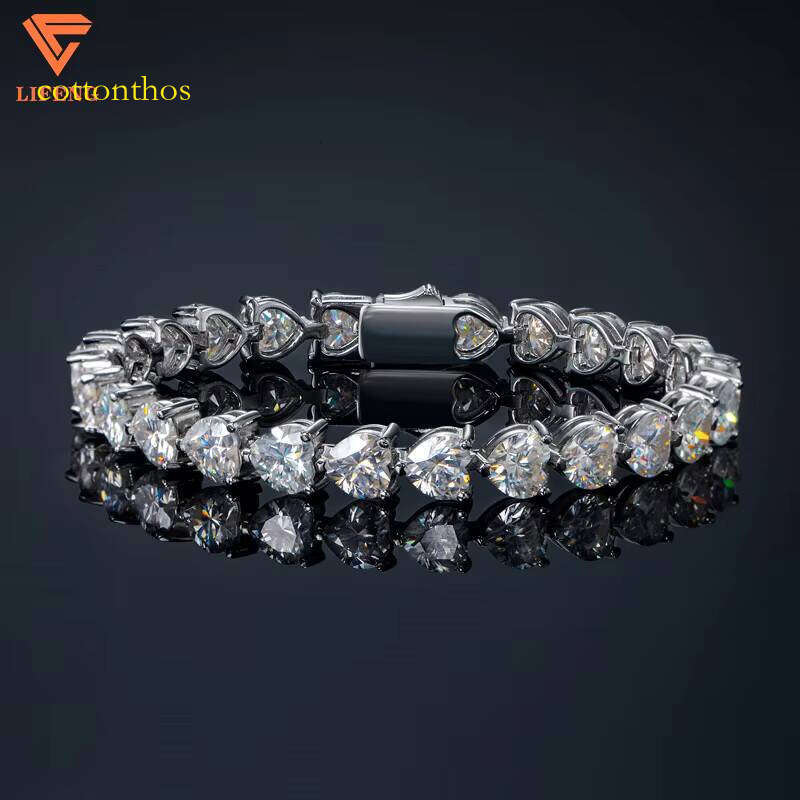 Women Shape 7x7mm VVS Moissanite Dia Tennis Link Chain Bangle Sterling Sier Heart Bracelet