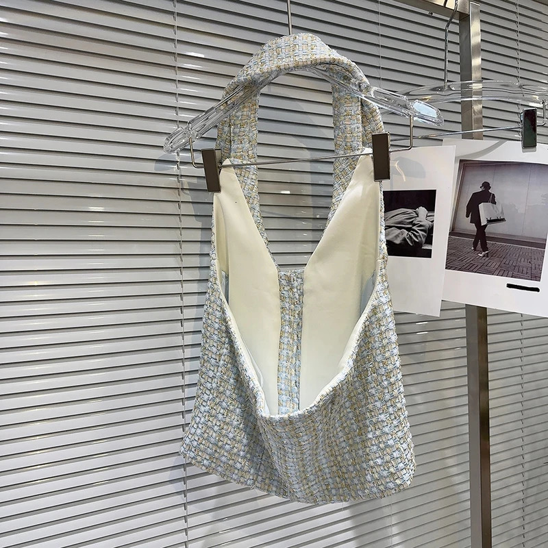 Summer Fashion Twopiece Set for Women Diamond Buckle Hanging Neck Vest Woven Tweed Short Skirt Female 11A04590 250728