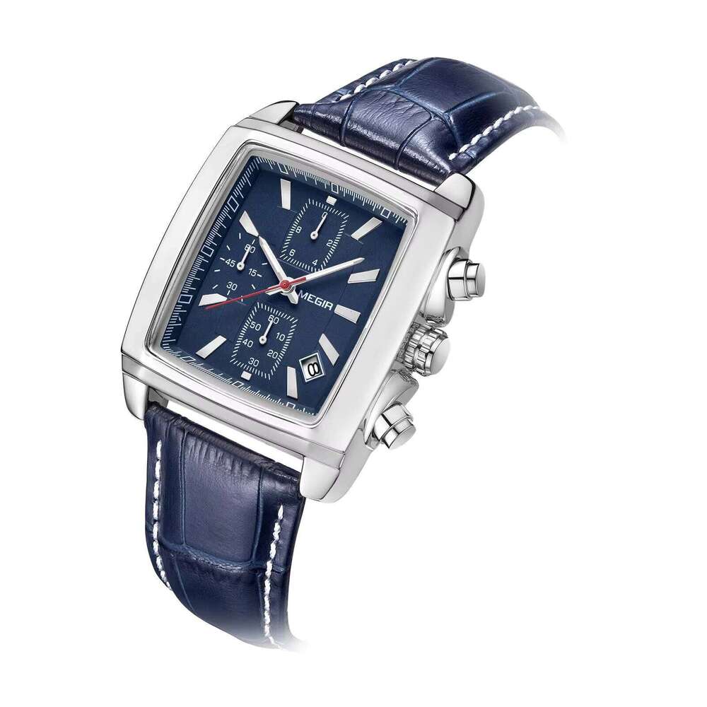 DHwatches MEGIR 2028 Men's Square Chronograph Watch - 39mm Leather Strap, Luminous, Waterproof 30M, Date, Business Quartz Watch