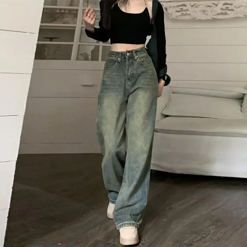 Vintage Highwaisted Slimming Jeans American Style Casual Bell Bottoms Versatile Straightleg Long Pants For Women 250717