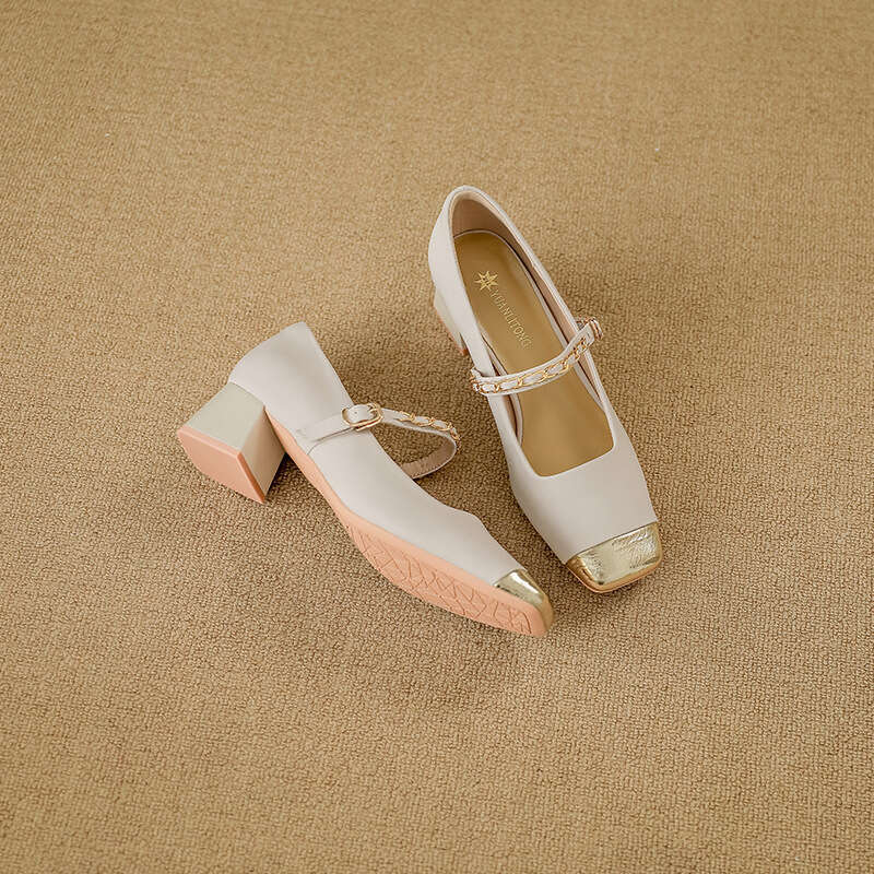Yuanlitong Autumn New High Heels Women, Outdoor Wear, High-end Chinese Style Genuine Leather Women's Shoes, Mary Jane Color-blocking Single Shoes