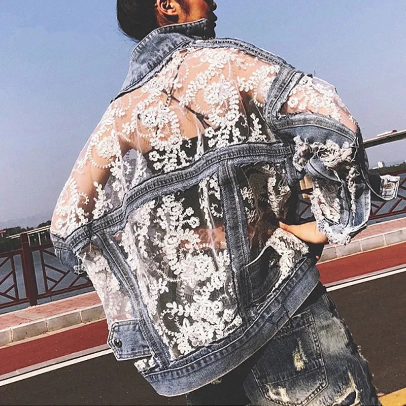 Autumn Streetwear Fashion Embroidery Lace Patchwork Sexy Denim Jacket Womens Wear Tassel Loose Denim Jacket 250728