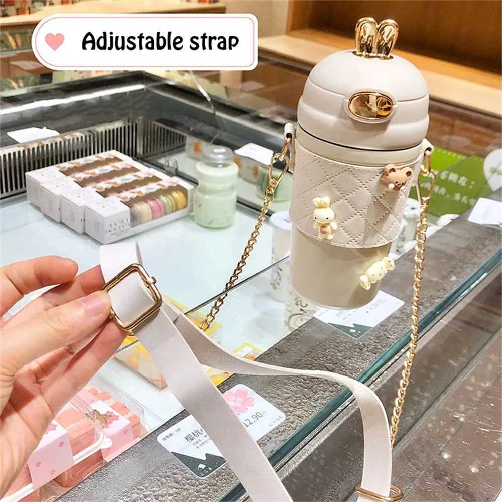 ute Rabbit Ear Plastic Water Bottles With Straw For Girls Kids Portable Strap Student Bottle With Cup Cover Anti-drop BPA Free X2507281