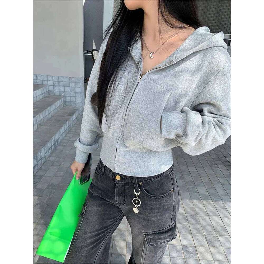 American Zipper Long Sleeve Short Solid Vintage Hoodies Hooded High Waist Slim Fit TopsWomen Y2k Sweatshirts Fleece Coats