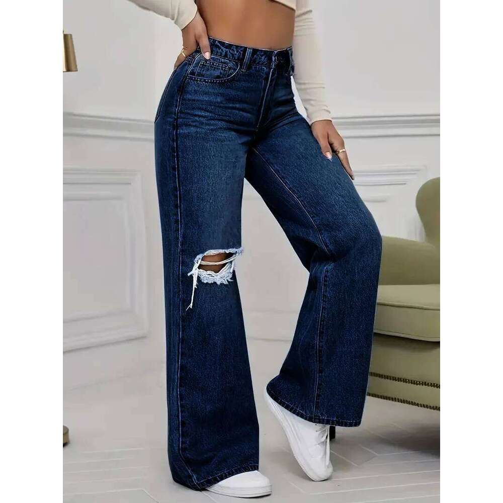 Washed Personality Hole Loose High Waist Denim Wide-leg Pants,Women's Four Seasons New Classic Fashion Casual Floor-length Jeans