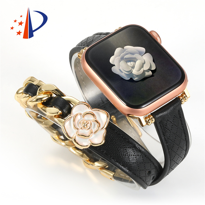 Designer camellia flower genuine leather Apple Watch Band Straps For AppleWatch 49mm 46mm 45mm 44mm 42mm 41mm fashion Watchband iWatch Series 10 9 8 7