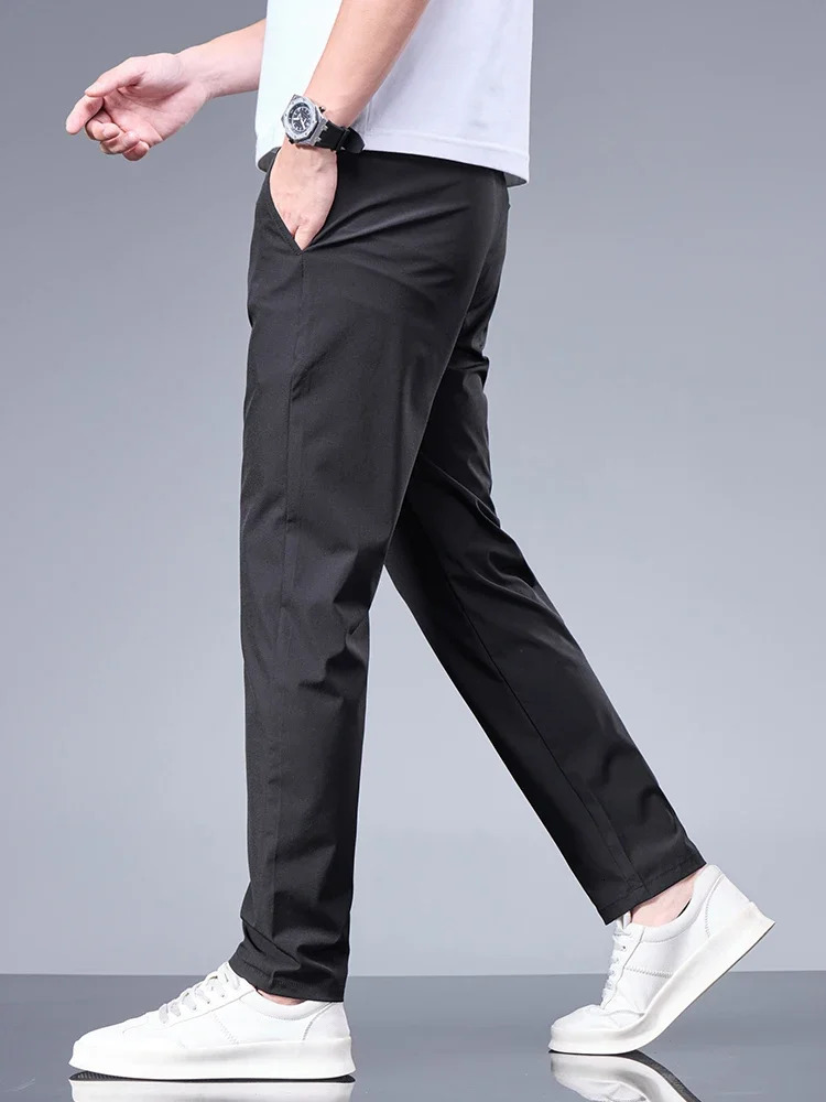 Straight Summer Business Pants Elastic Waist Ice Silk Comfortable Trousers Breathable Black Gray Male Clothing Casual Suit 250724