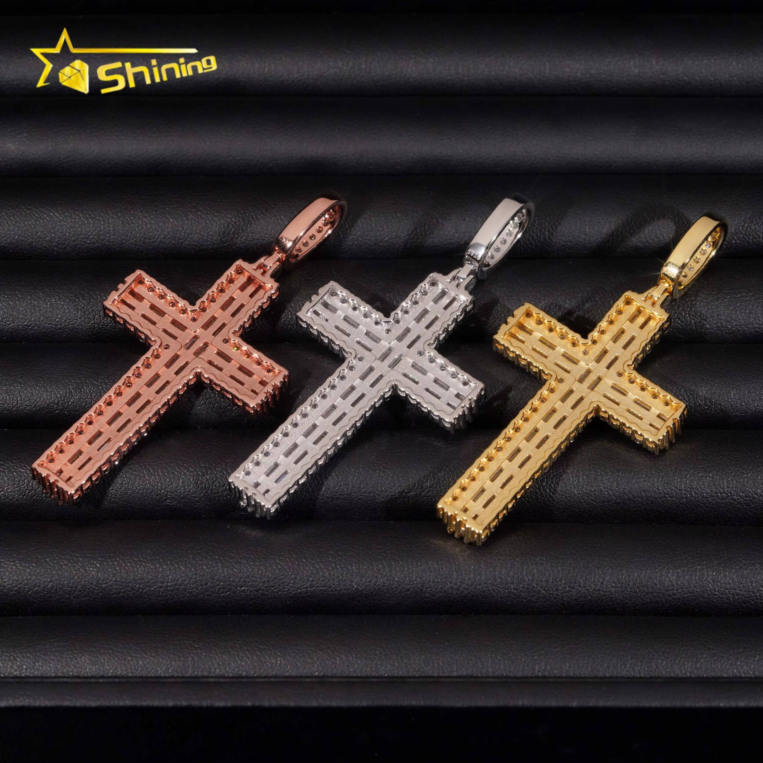 Custom Made Shining Baguette Diamond 925 Silver Cross Mens Hip Hop Iced Out Moissanite Pendant