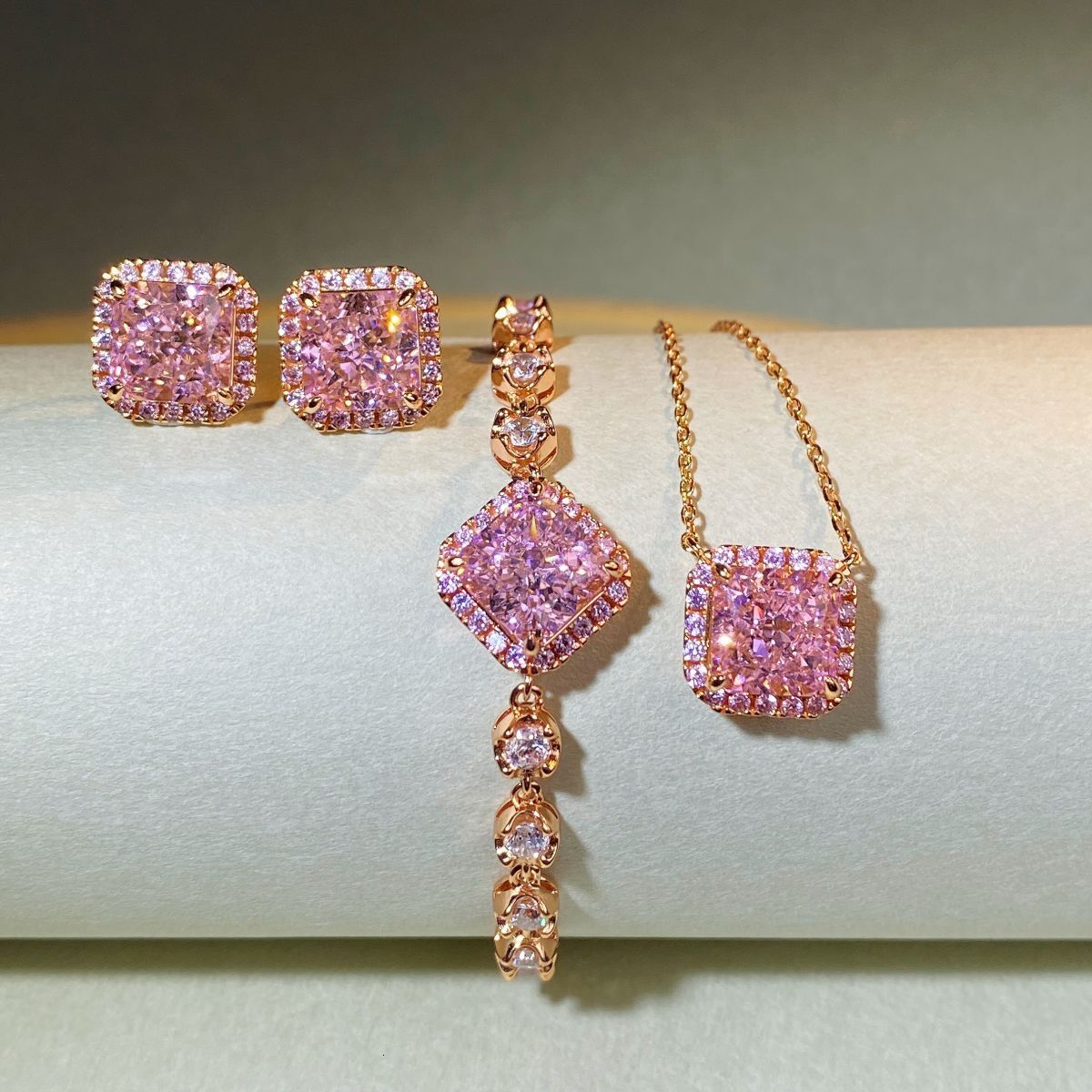 S Sterling Sier Set Pink Dia Champagne Gold Clavicle Chain Pendant Bracelet Necklace Ring Jewelry for Women