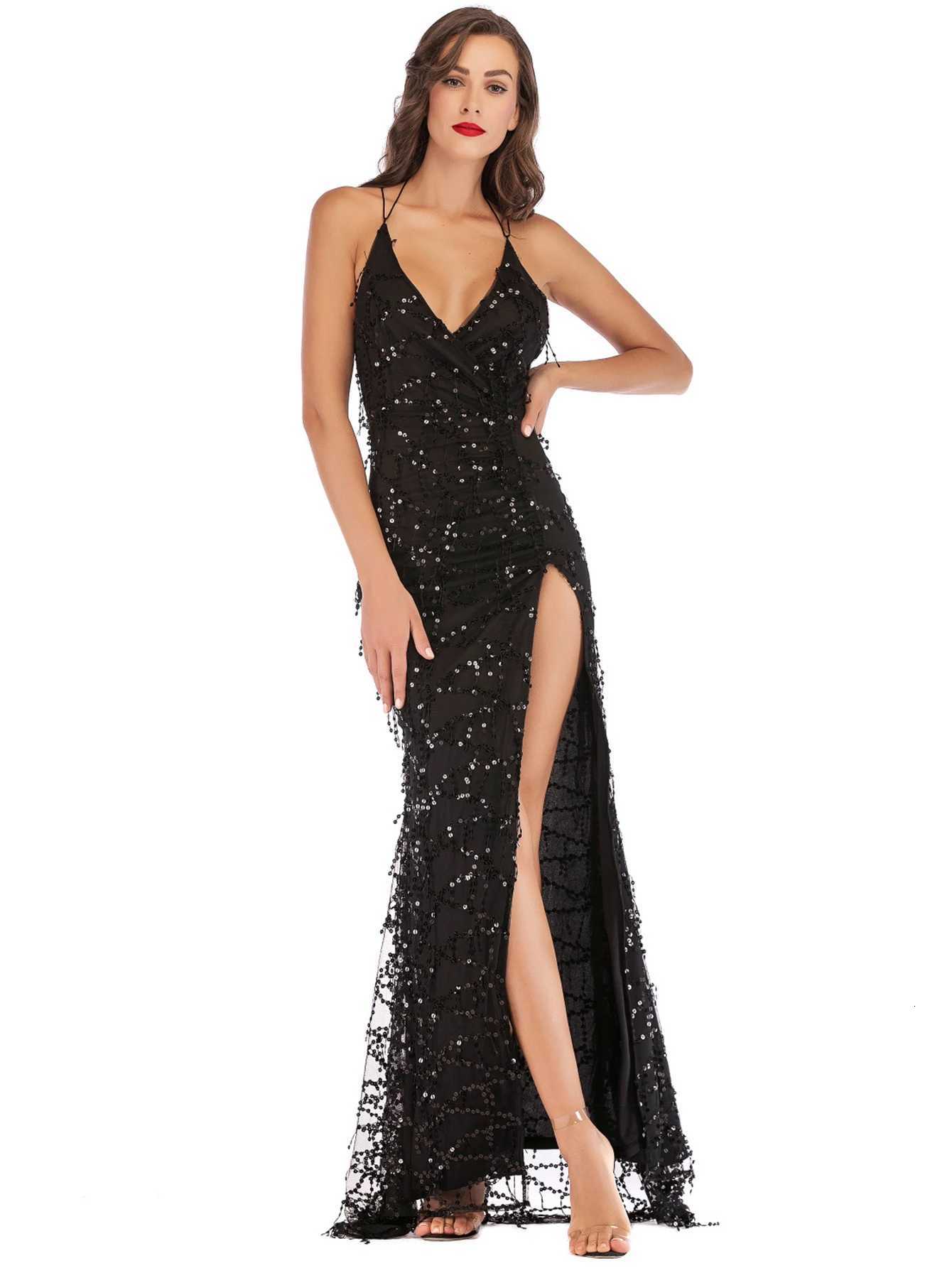 Sexy Black Gold Sequins Dress Women Bandage Long Dress Elegant V Neck Night Club Bodycon Party Sundress Maxi Dresses New Z250728