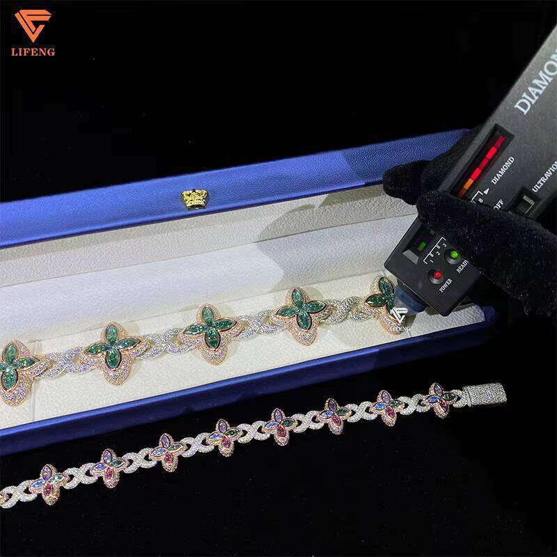 New Design Sier Iced Out VVS Dia Colored Moissanite Bracelet Gold Plated Lucky Clover Bangle for Hip Hop Jewelry