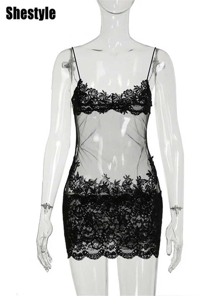 Shestyle Lace Transparent Mini Dress Sexy Women Wrapping Spaghetti Embroidery Flower Sheath Nightwear Club Mesh Wave Fantasy Z250728