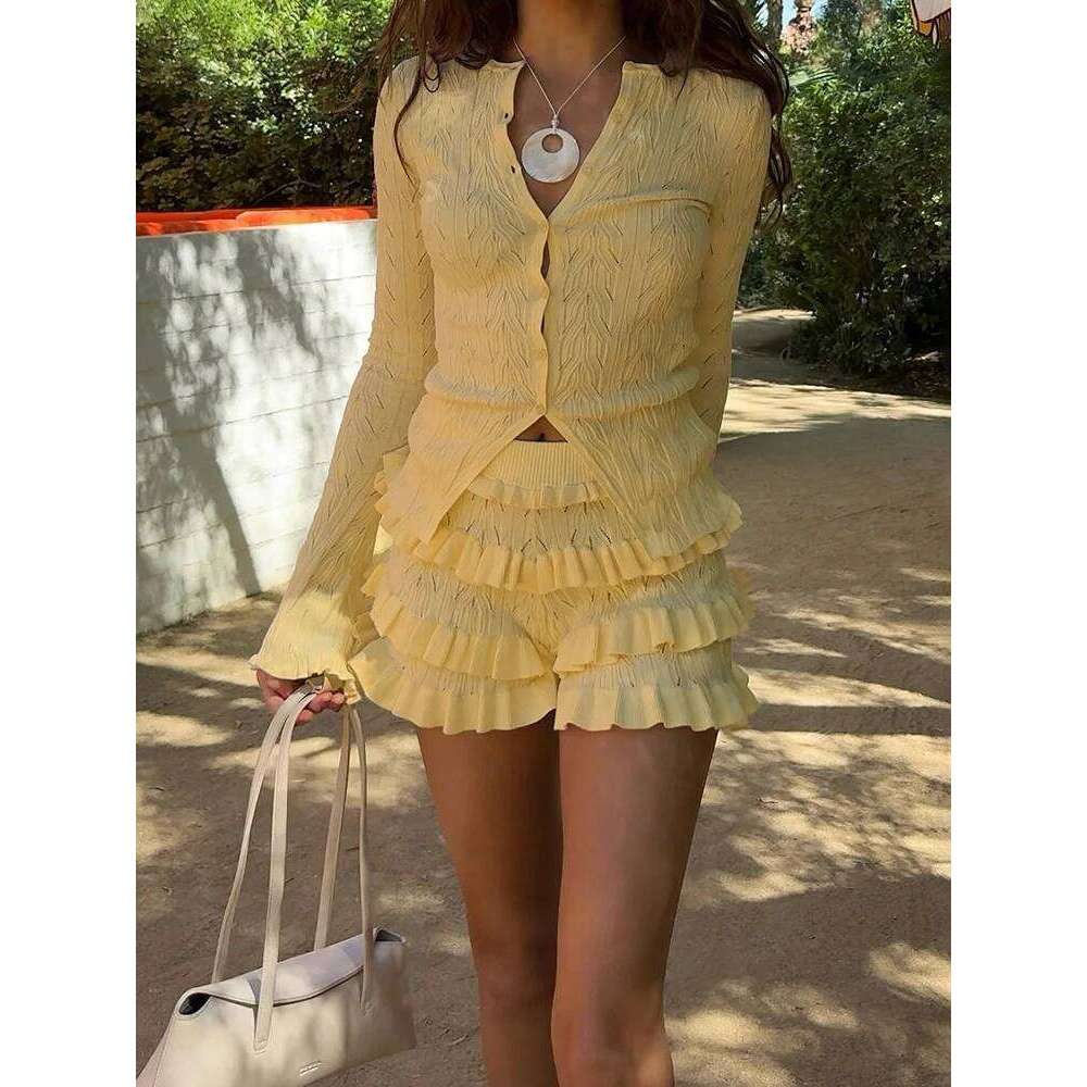 TARXUXY Knitted Cardigan Suit Women's Long Sleeve Sexy Hollow Top Fashion Slim Ruffles Splice Female Shorts Sets