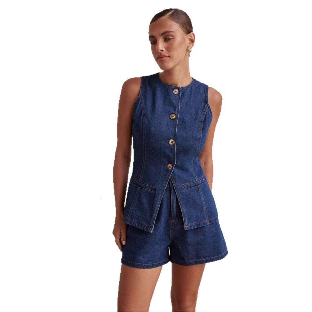 2025 Spring Summer New European and American Fashion Sleeveless Design Waist-Cinching High-Waist Loose Denim Shorts 2-Piece Set