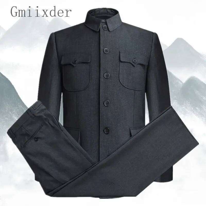 Autumn Stand-up Collar Overcoat Trousers Suit Middle-aged Chinese Style Loose Casual High Street Jackets Pants Set/single Pice