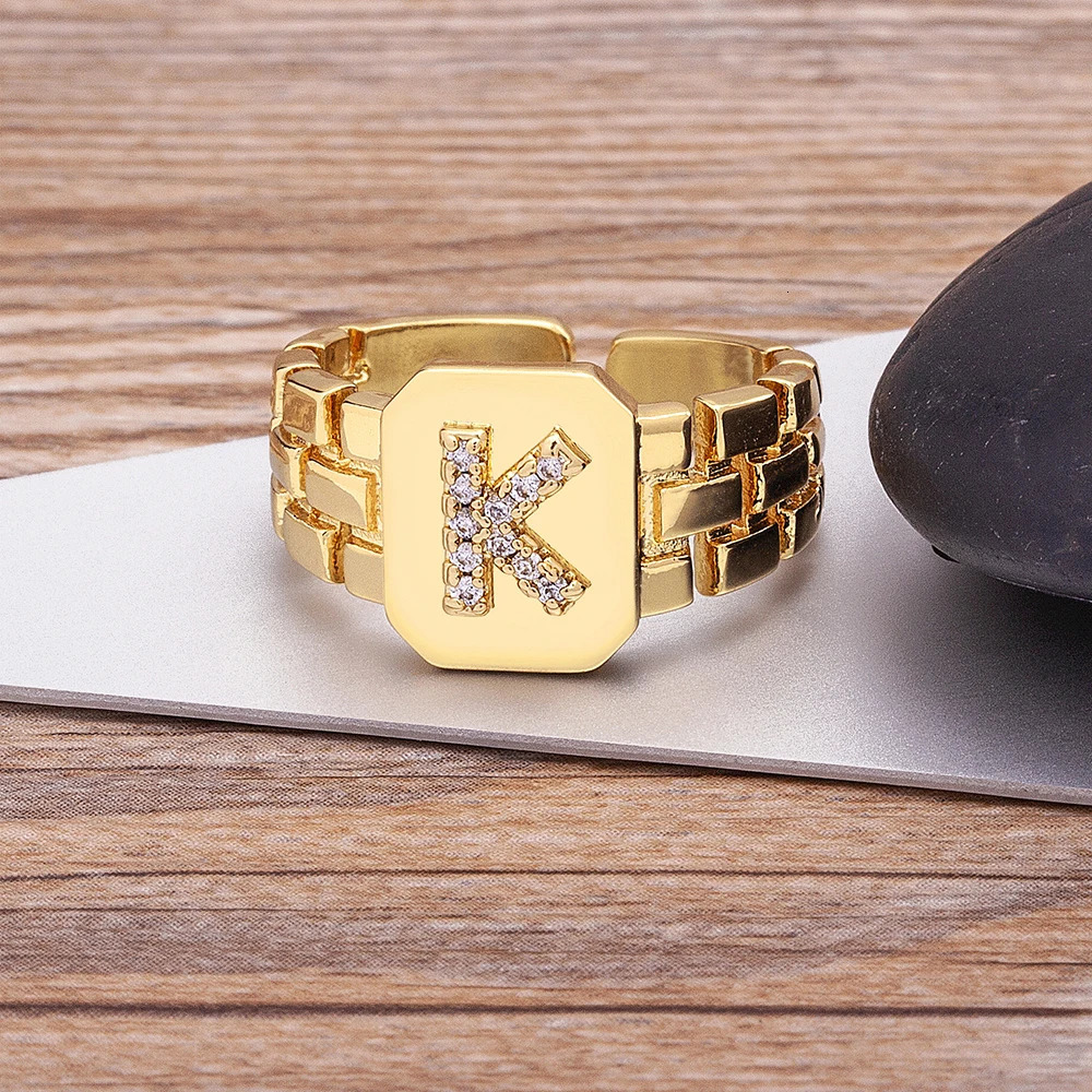 Fashion A-Z Letters Initial Alphabet Zircon Charm Opening Rings Adjustable For Women Men Lovers Finger Jewelry Accessories 250723
