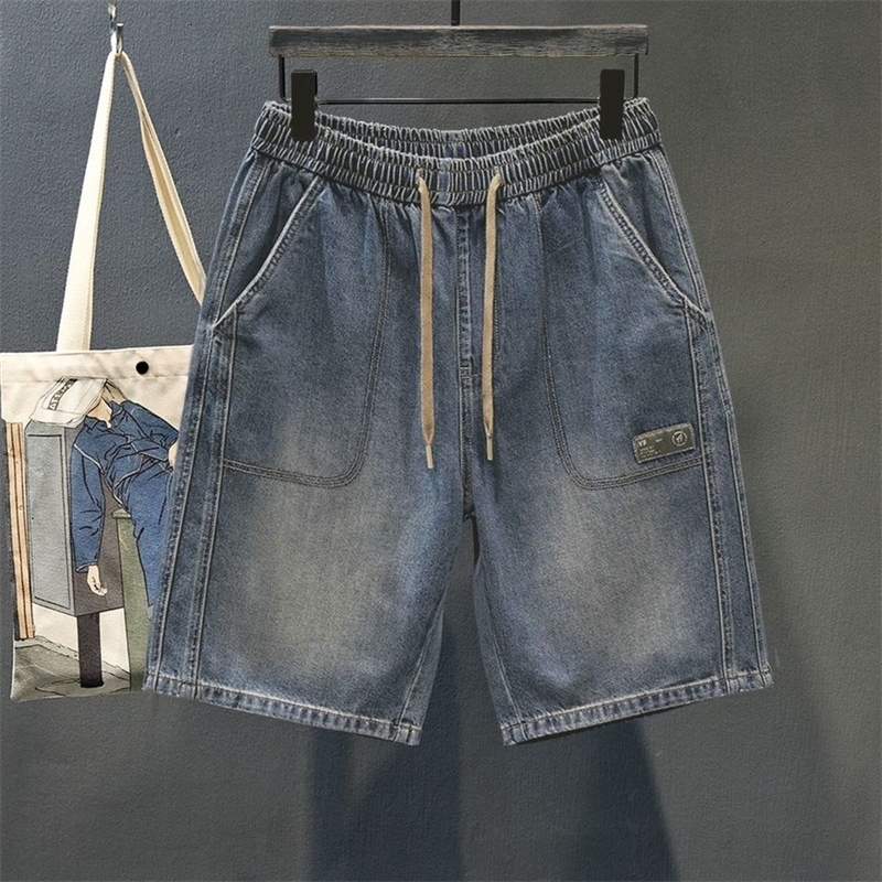 Male Denim Shorts with Pockets Mens Short Jeans Pants Straight Elastic Waist Drawstring Blue Sale Original in Vintage Retro 250701